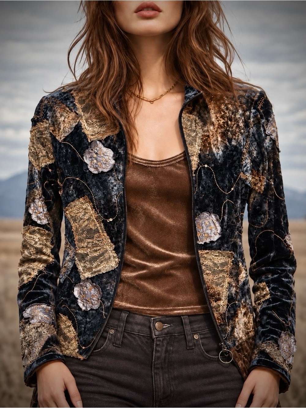 Whimsigoth Charcoal Bronze Art to Wear Velvet Lace Patchwork  Jacket Tank Set M